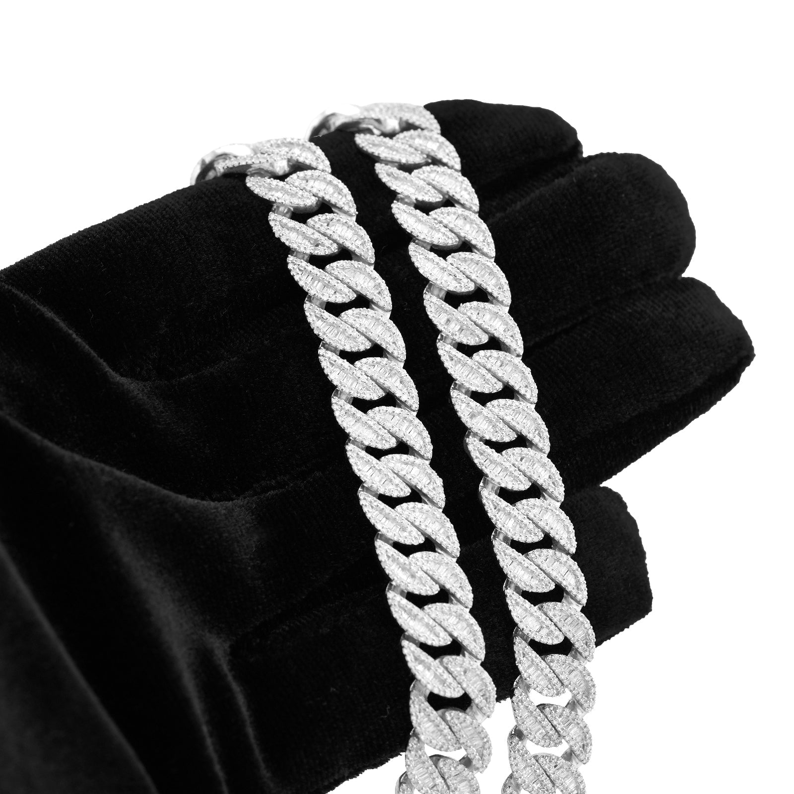 925 SS 16.25CT Natural Diamond Baguette Cuban Link 12MM Men Chain 22" Necklace - Elite Jewelers-Necklaces