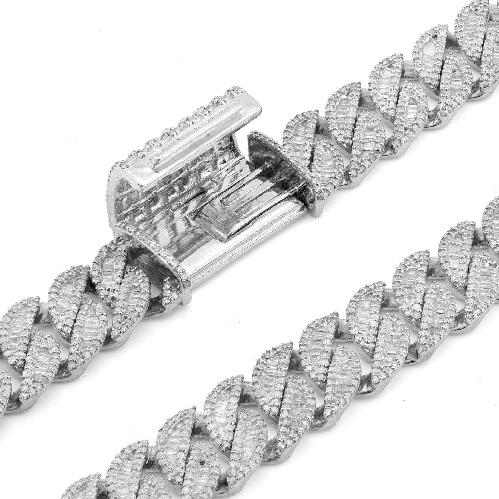 925 SS 16.25CT Natural Diamond Baguette Cuban Link 12MM Men Chain 22" Necklace - Elite Jewelers-Necklaces