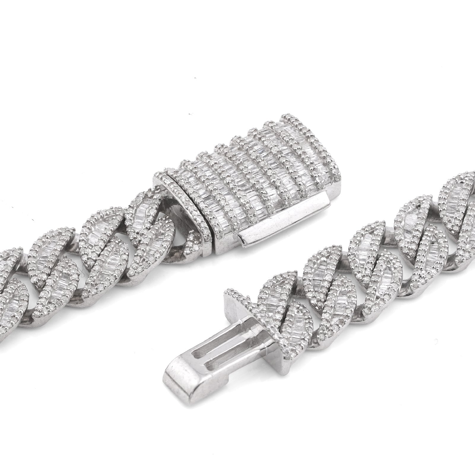 925 SS 16.25CT Natural Diamond Baguette Cuban Link 12MM Men Chain 22" Necklace - Elite Jewelers-Necklaces