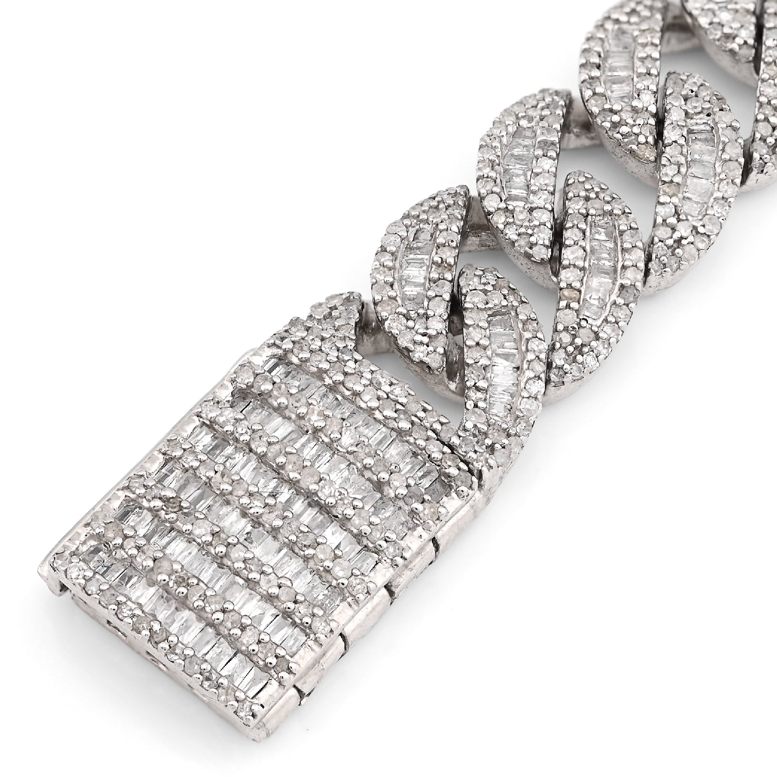 925 SS 6.4CT Natural Diamond Round/Baguette 11MM 8" Cuban Link Men Bracelet 35.6g - Elite Jewelers - Bracelets