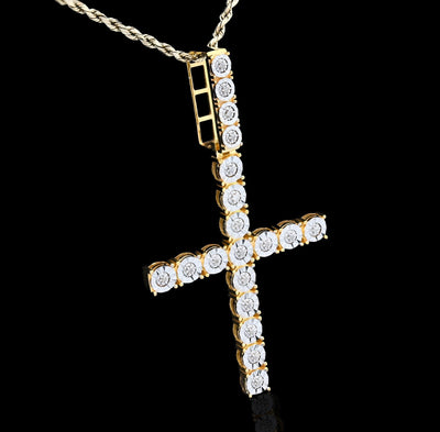 925 SS 7.8gms 0.6 CTW Real Diamond Solitaire Yellow Cross Pendant Illusion Charm - Elite Jewelers - Charms & Pendants