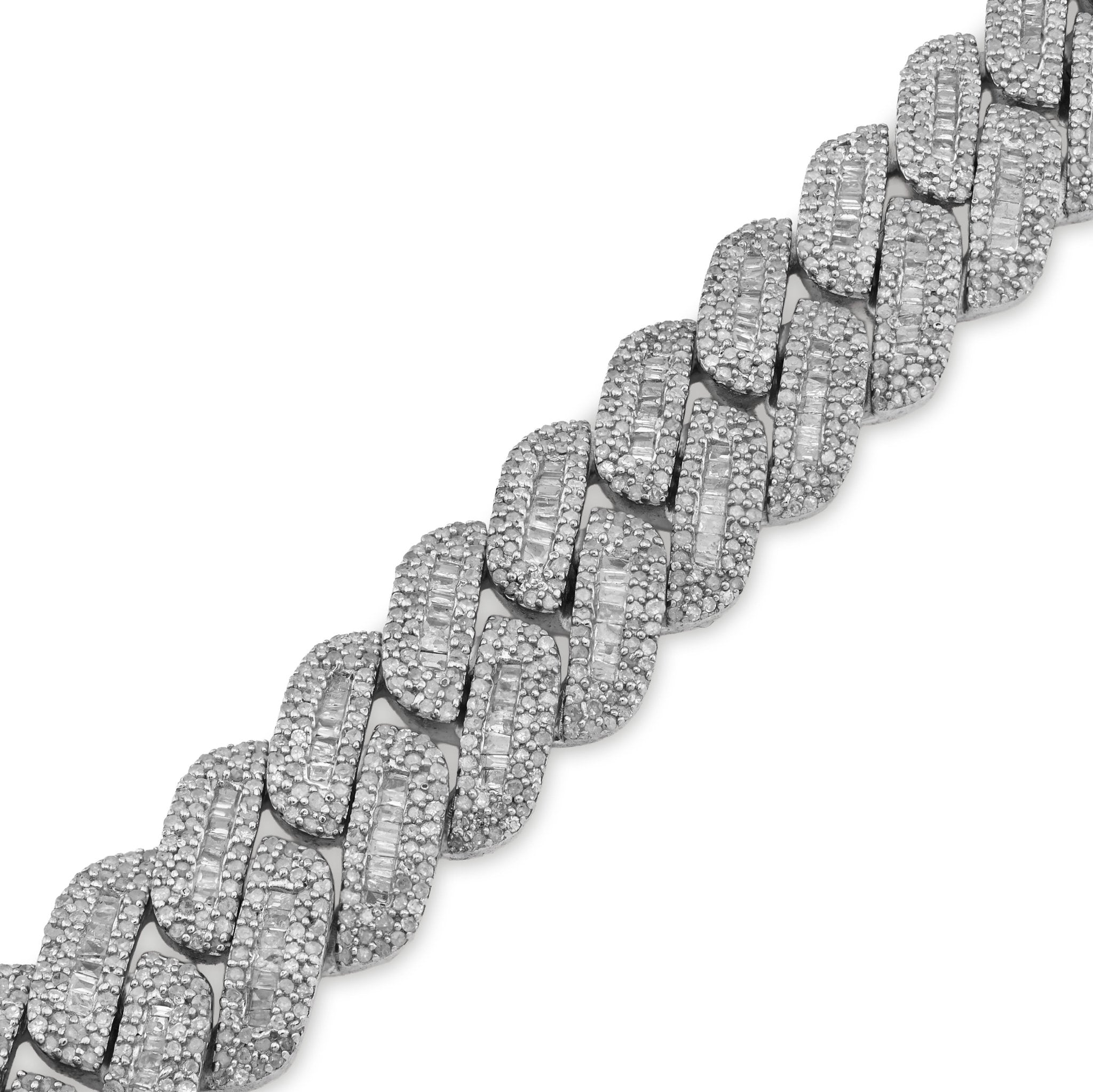 925 SS 9.63CT Natural Diamond Round/Baguette 12MM 8" Cuban Link Men Bracelet 46.5g - Elite Jewelers - Bracelets