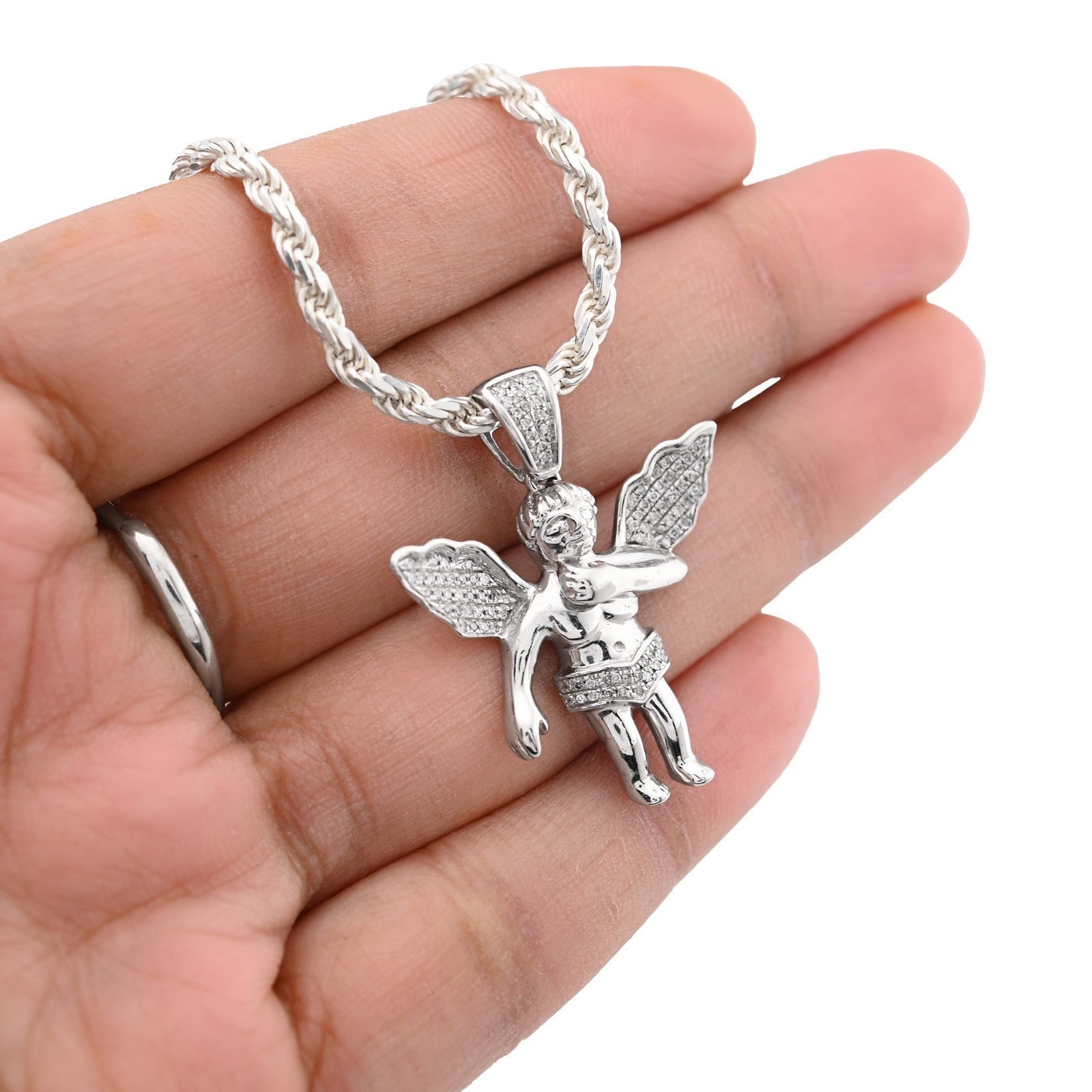 925 Sterling Silver 0.25CTW Natural Diamond Angel Cherub Pendant 4.6gms Charm - Elite Jewelers - Charms & Pendants