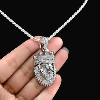 925 Sterling Silver 0.73CTW Natural Diamond Lion Head Mens Pendant 11.9g Charm - Elite Jewelers - Charms & Pendants