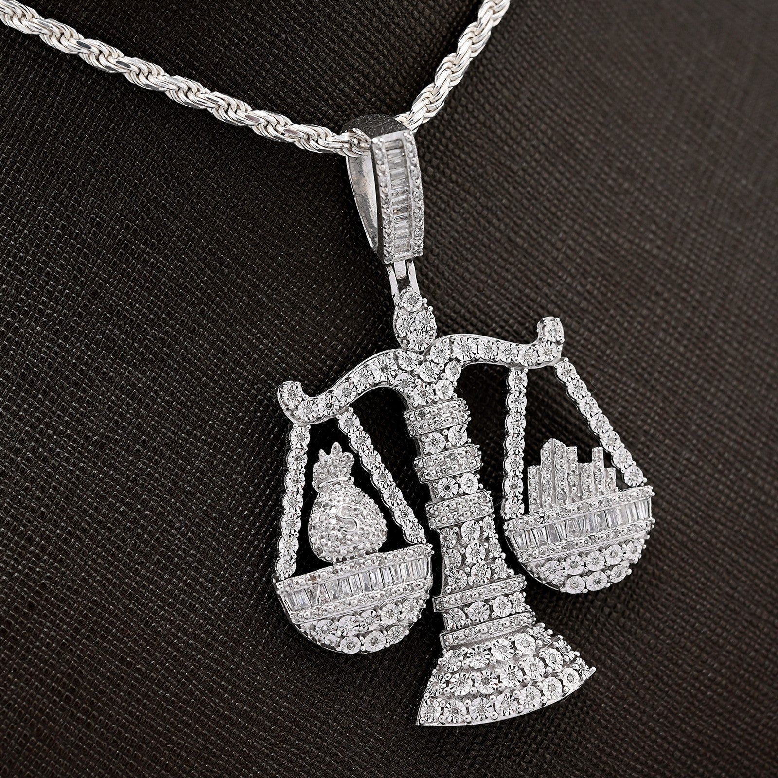 925 Sterling Silver 2.4 CTW Natural Diamond Libra Scale Pendant 16.9g Charm - Elite Jewelers - Charms & Pendants