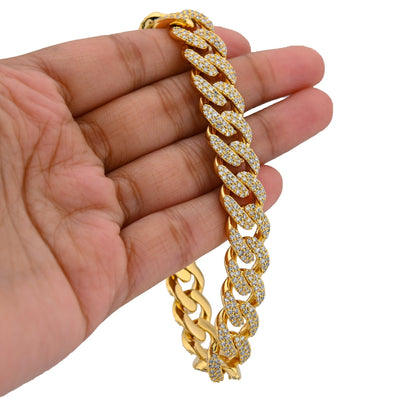 925 Yellow Cuban Link 12MM 9.25CT Lab Diamond 8" Men Bracelet - Elite Jewelers - Bracelets