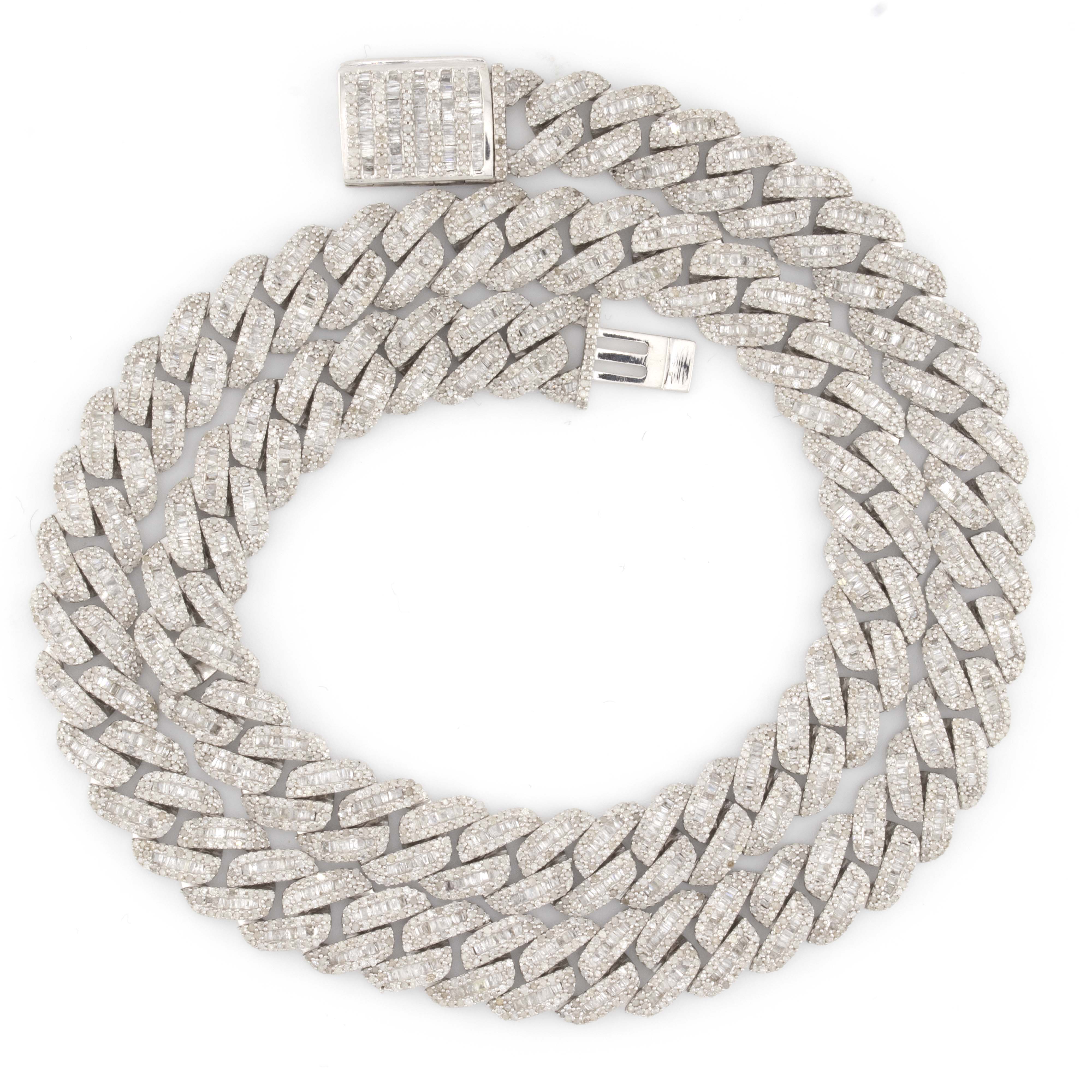 925 Silver w/ Round / Baguette Diamond Cuban Necklace 10mm 22"