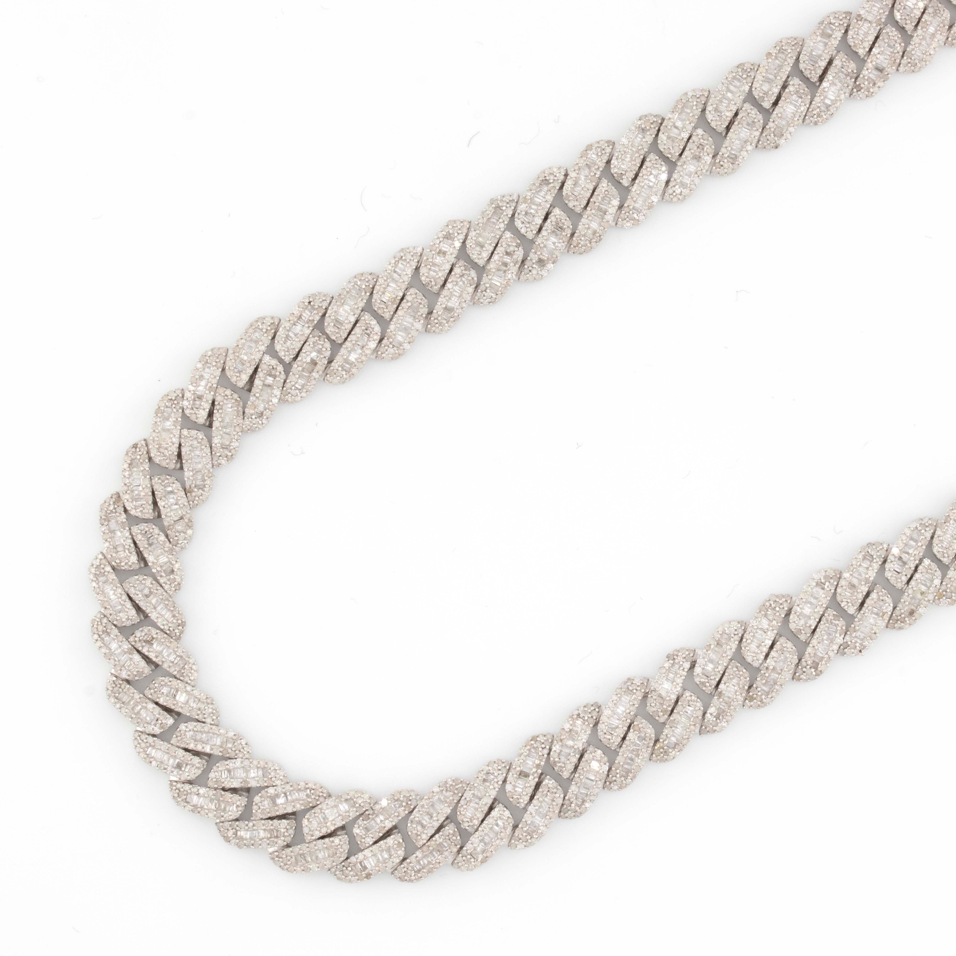 925 Silver w/ Round / Baguette Diamond Cuban Necklace 10mm 22"