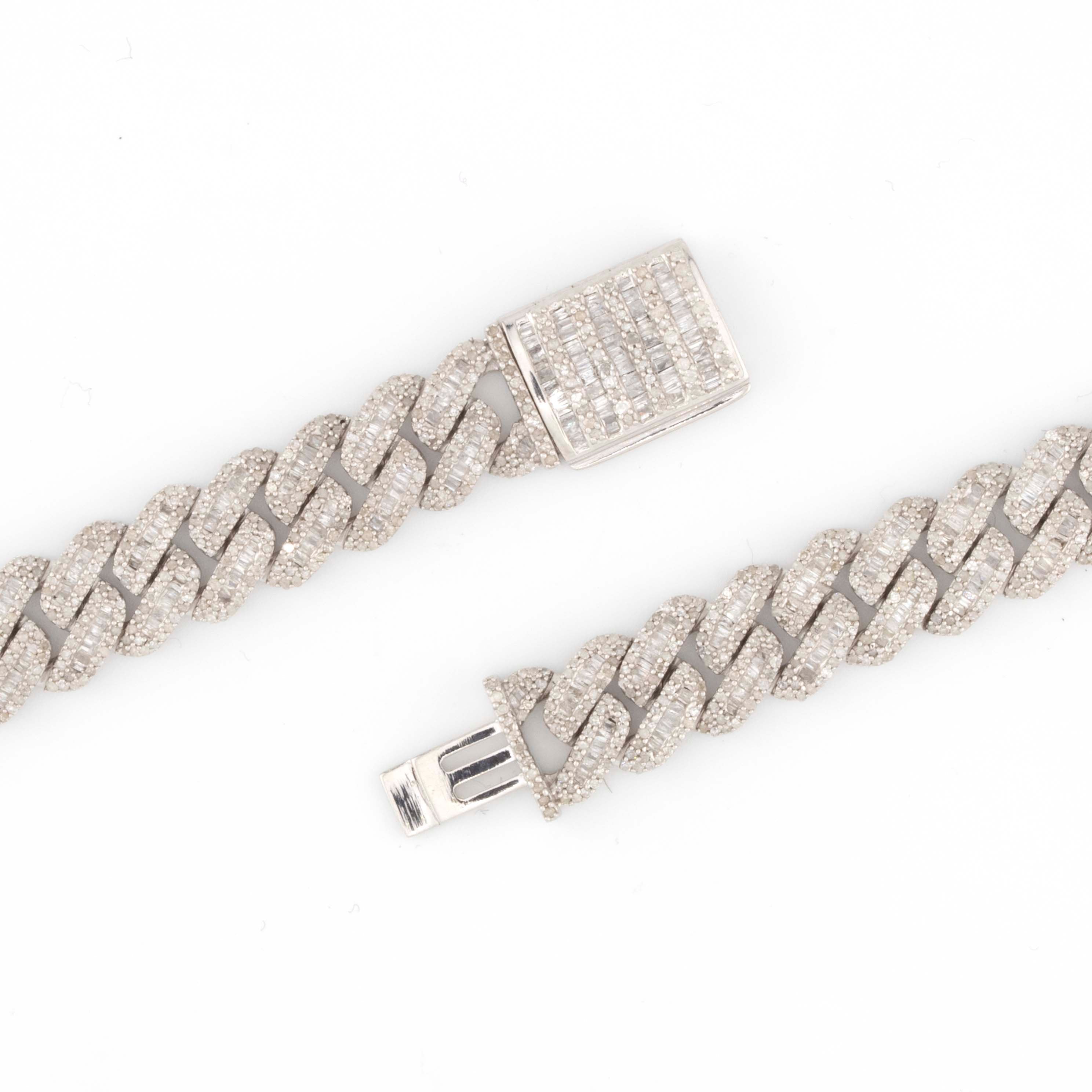 925 Silver w/ Round / Baguette Diamond Cuban Necklace 10mm 22"