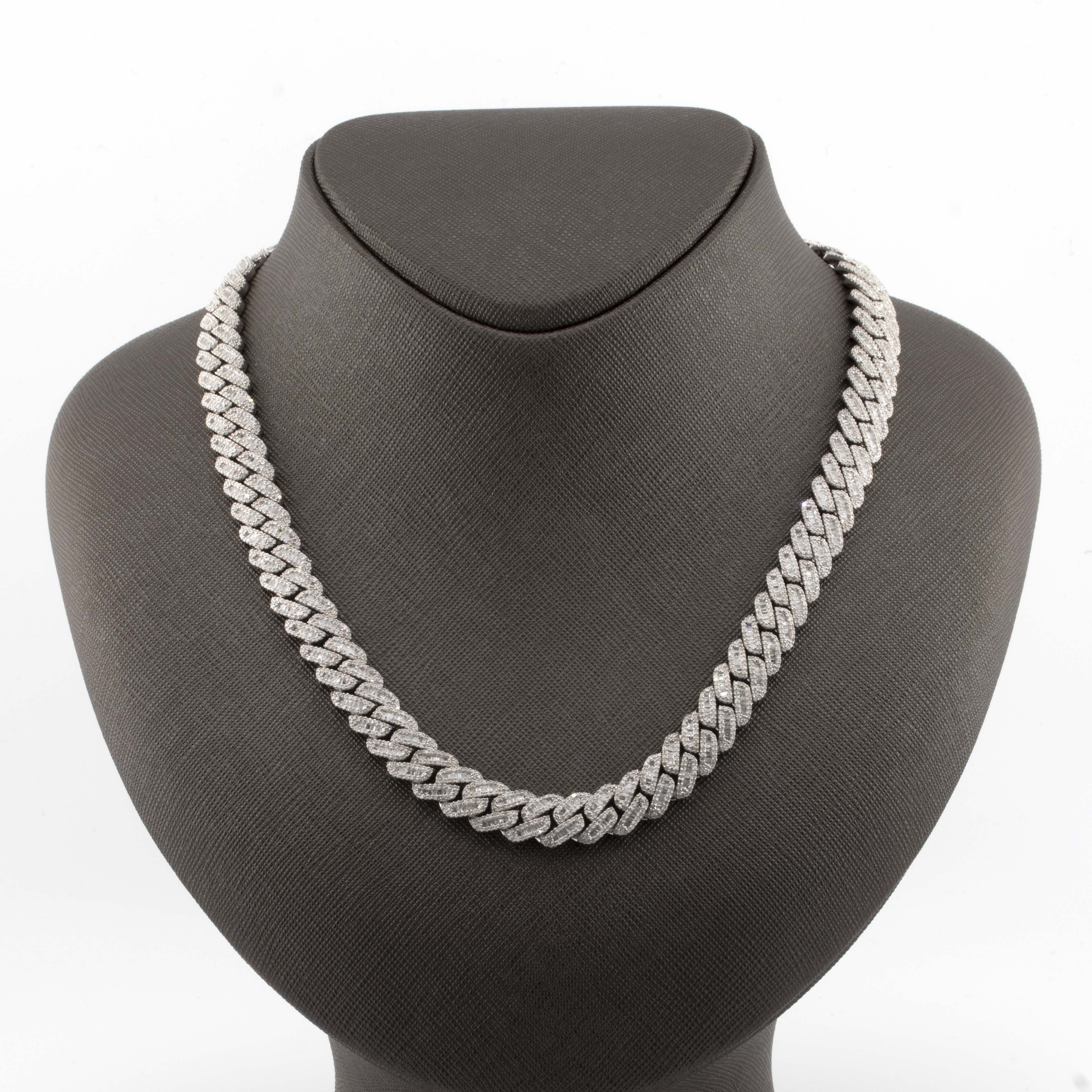 925 Silver w/ Round / Baguette Diamond Cuban Necklace 10mm 22"
