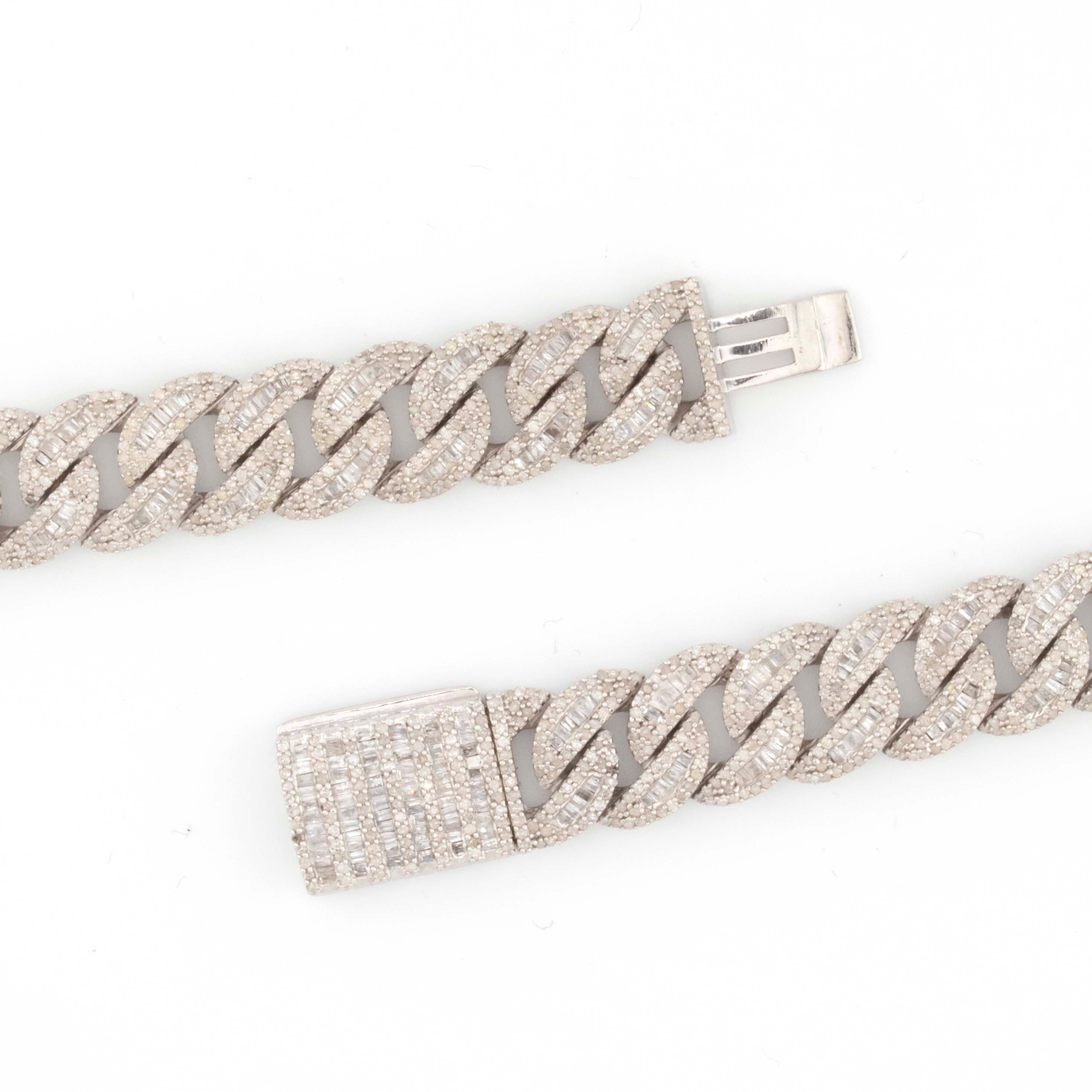 925 Silver w/ Round / Baguette Diamond Cuban Necklace 11mm 22"