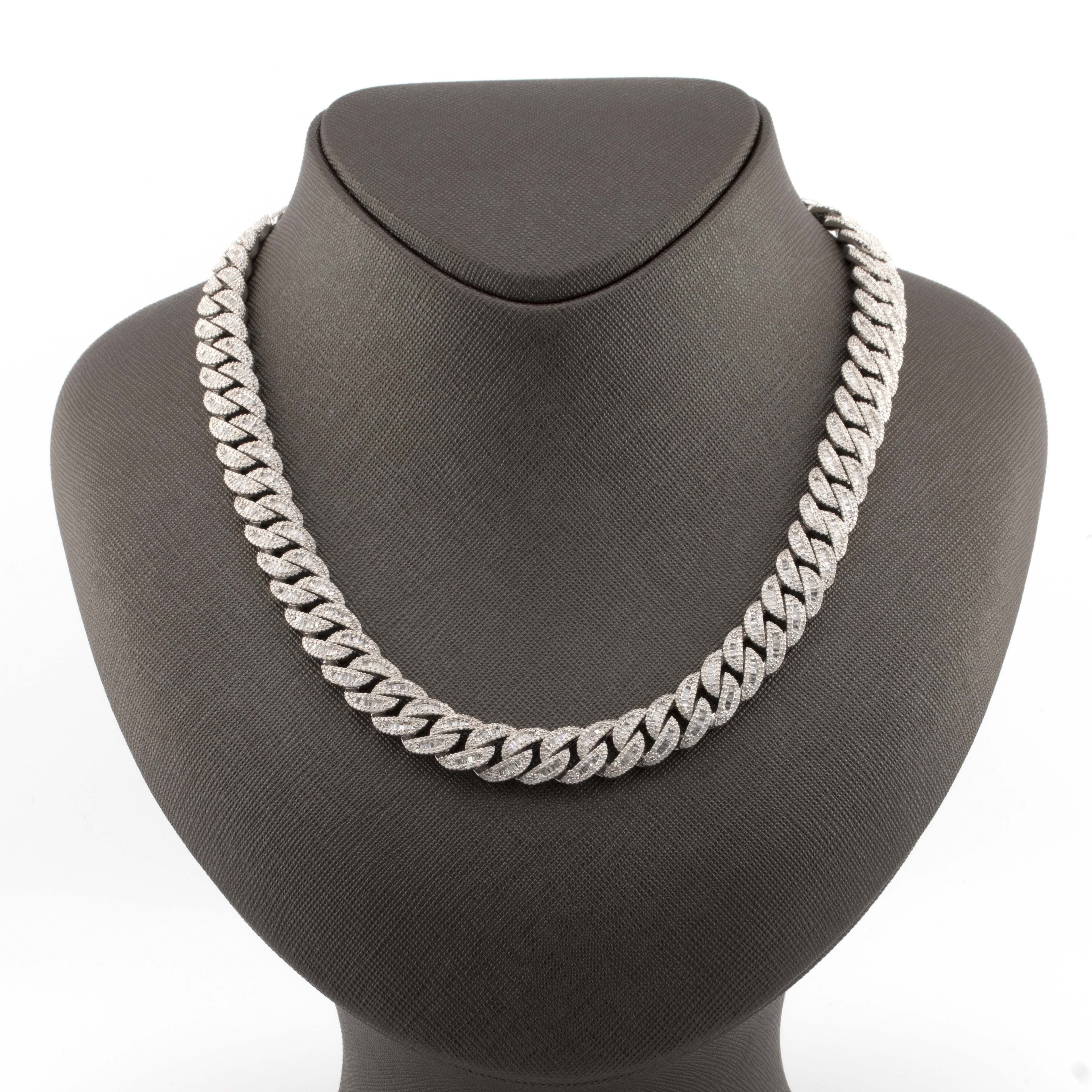 925 Silver w/ Round / Baguette Diamond Cuban Necklace 11mm 22"
