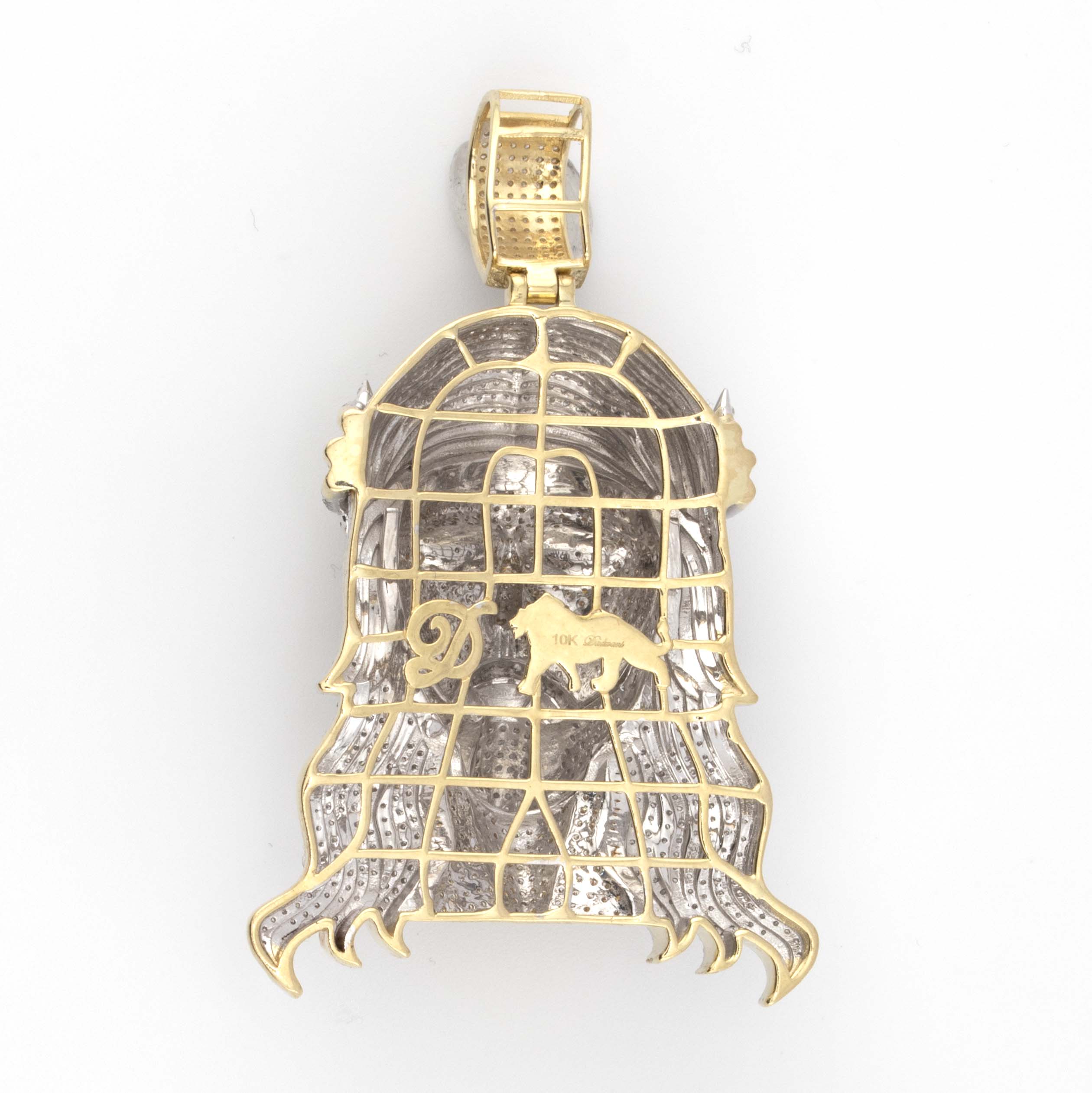 10K TwoTone Yellow White Gold Diamond Spiky Crown 3.75CT Diamond Jesus Pendant