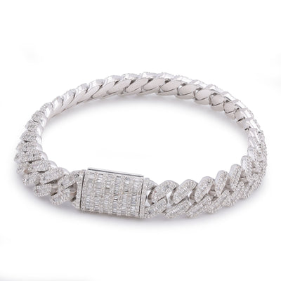 925 SS 6.25CT 10MM Baguette Natural Diamond Cuban Link 8" Men Bracelet
