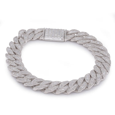 925 SS 11MM Natural Diamond Baguette Centre Row Cuban Link 4.375CT 8" Men Bracelet