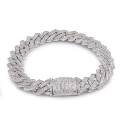 925 SS 12MM Rectangular Cuban Link Baguette/Round Natural Diamond 5.625CT 8" Men Bracelet