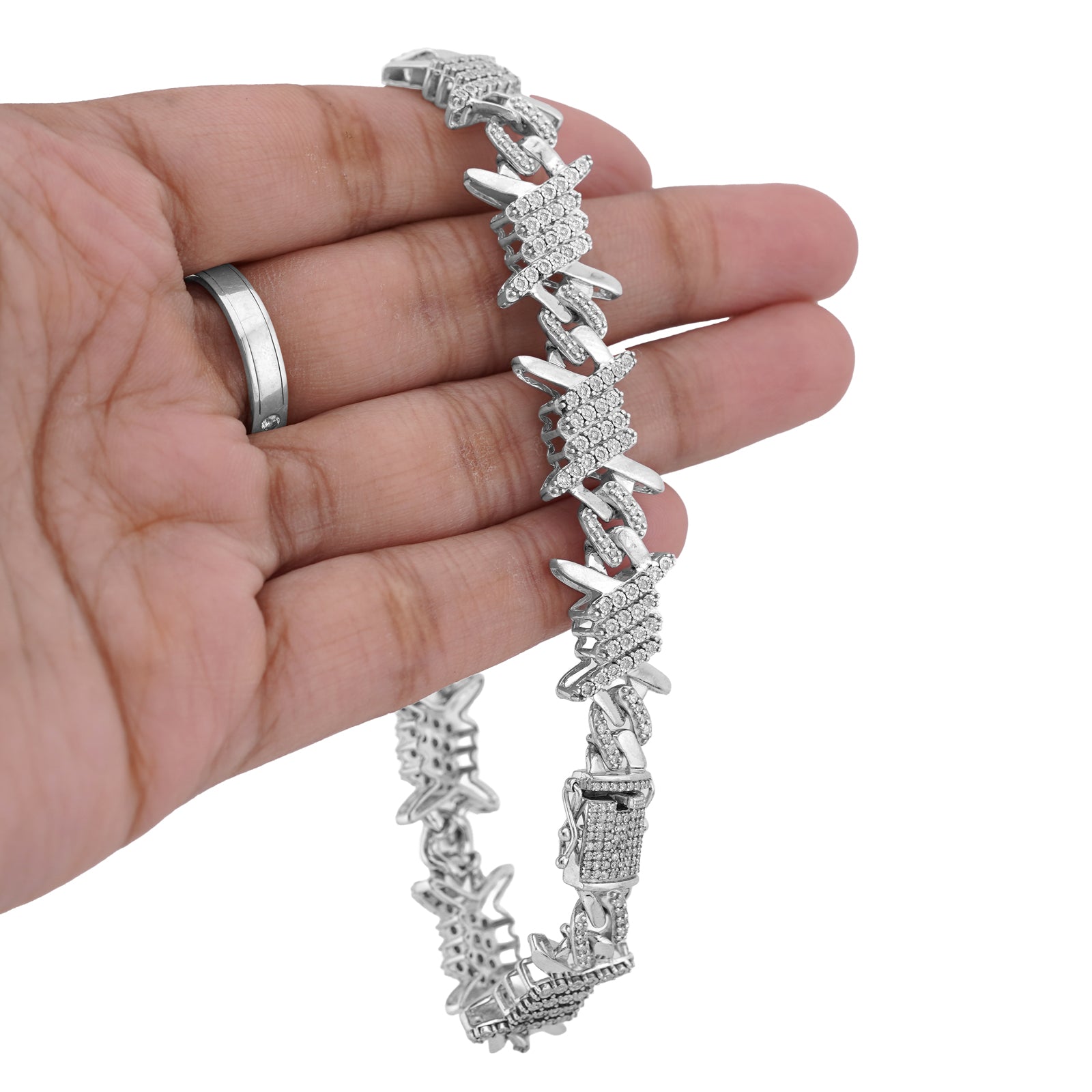 925 SS 1.25CT Natural Diamond Thorns Halo Link Men Bracelet 8"