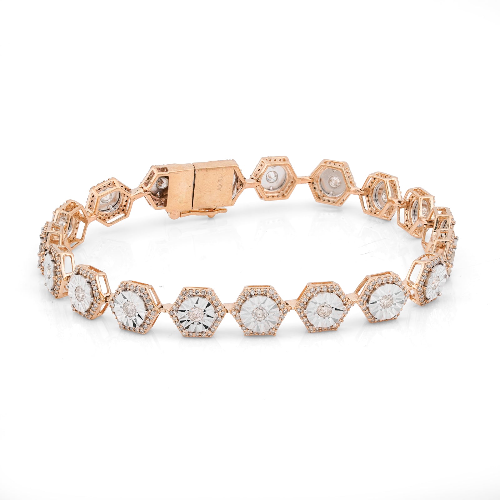 10K Yellow Gold Hexagon Link Illusion Set 2CT Natural Diamond 8" Bracelet