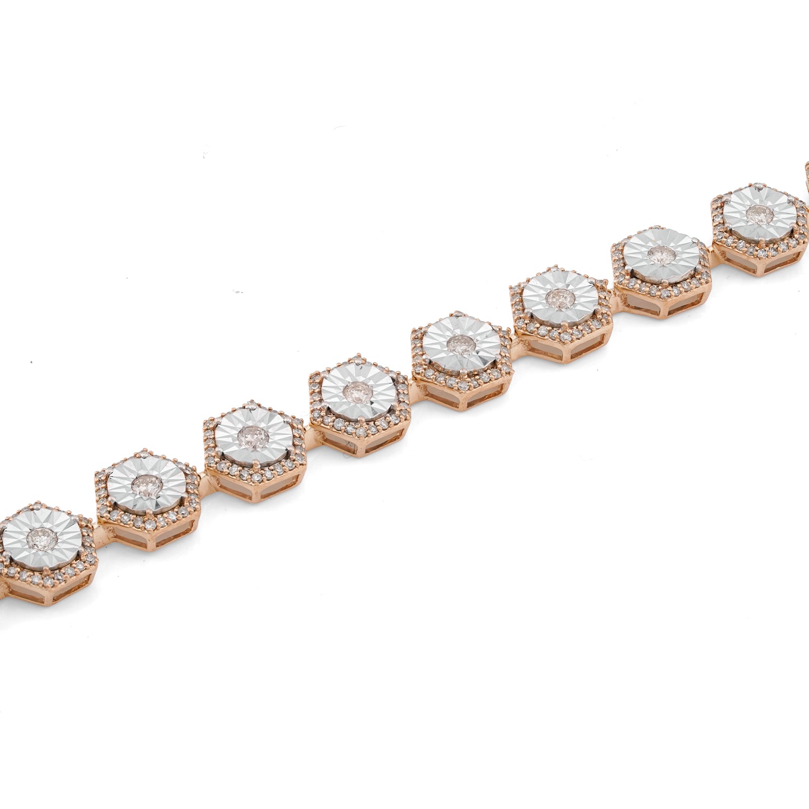 10K Yellow Gold Hexagon Link Illusion Set 2CT Natural Diamond 8" Bracelet