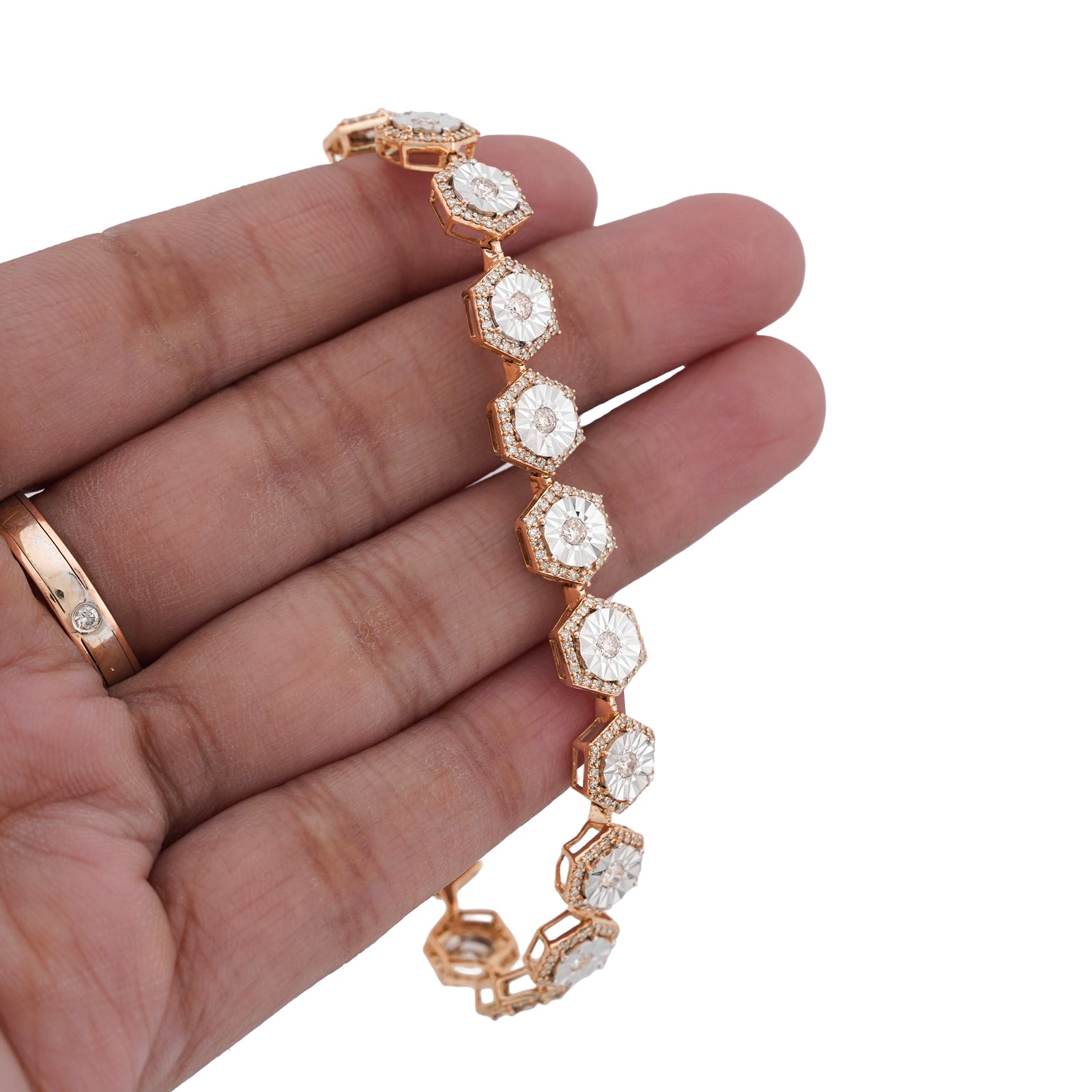 10K Yellow Gold Hexagon Link Illusion Set 2CT Natural Diamond 8" Bracelet