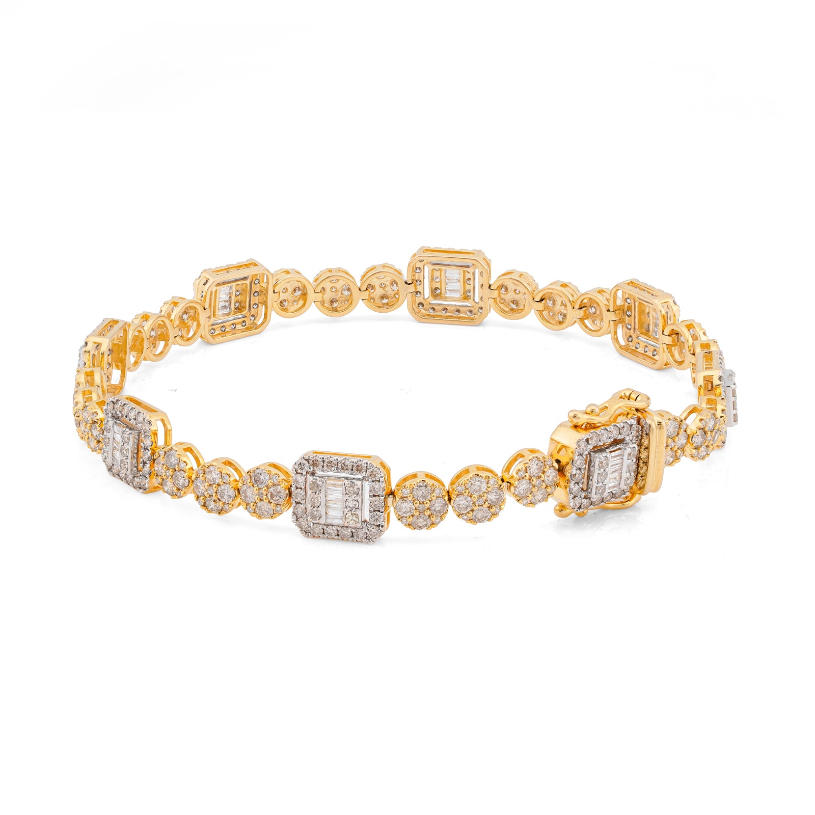 10K Yellow Gold Baguette Natural Diamond Rectangular Circlular Link 5.25CT 8" Bracelet