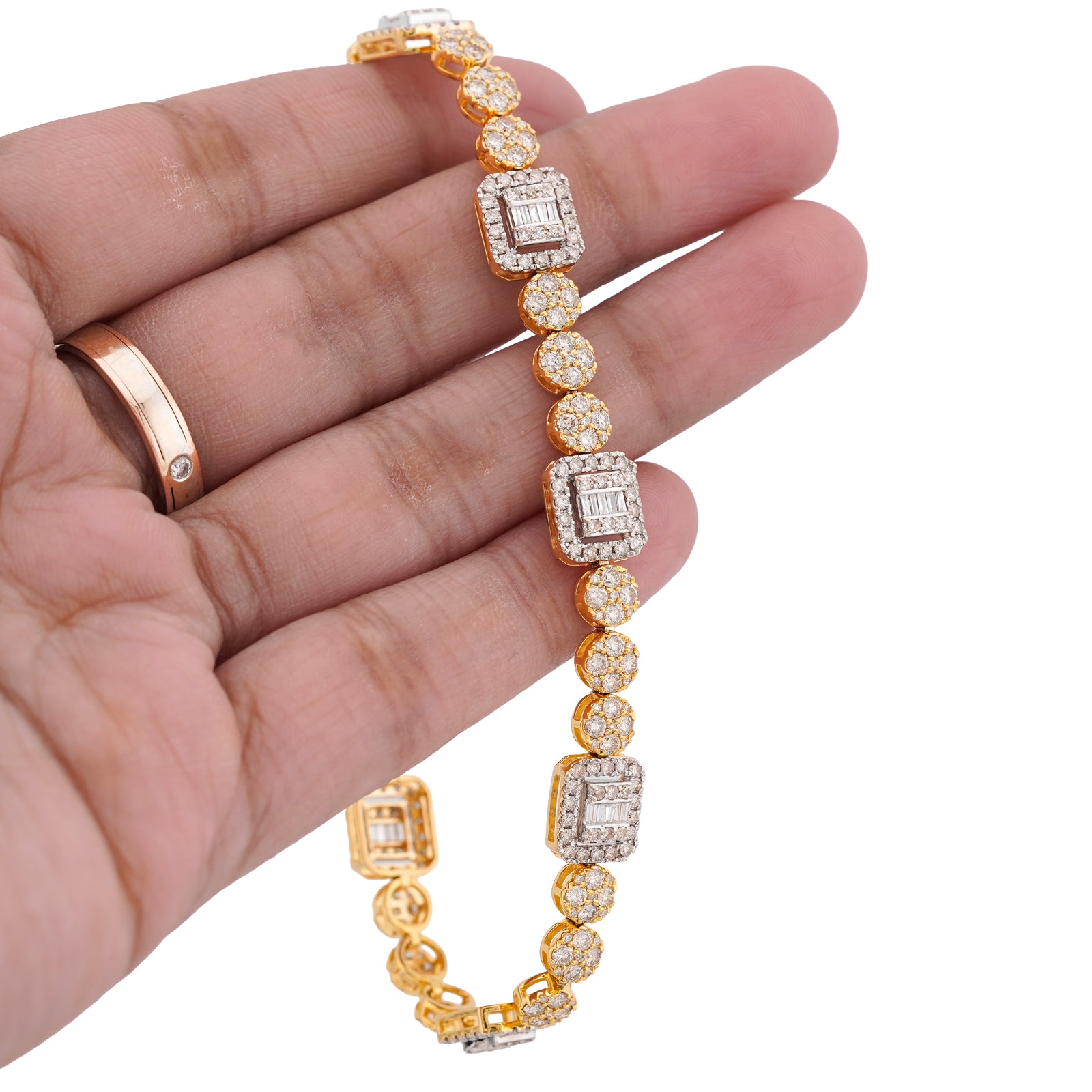 10K Yellow Gold Baguette Natural Diamond Rectangular Circlular Link 5.25CT 8" Bracelet