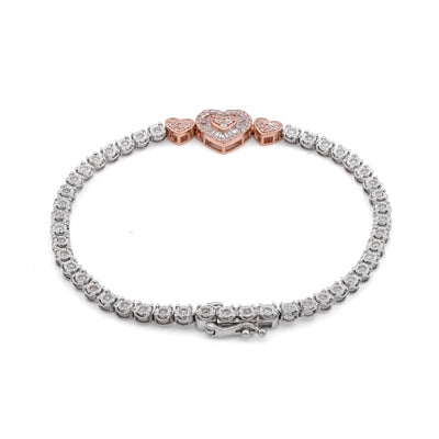 10K Rose/White Gold 3 Heart Natural Diamond baguette 1.05CT Women Tennis Bracelet
