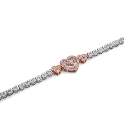 10K Rose/White Gold 3 Heart Natural Diamond baguette 1.05CT Women Tennis Bracelet