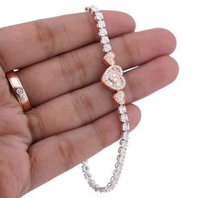 10K Rose/White Gold 3 Heart Natural Diamond baguette 1.05CT Women Tennis Bracelet