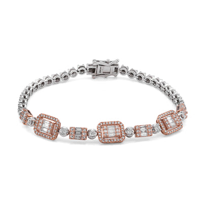 10K White/Rose Gold Lab Diamond Rectangular Shape Link 2.25CT Women Tennis Bracelet
