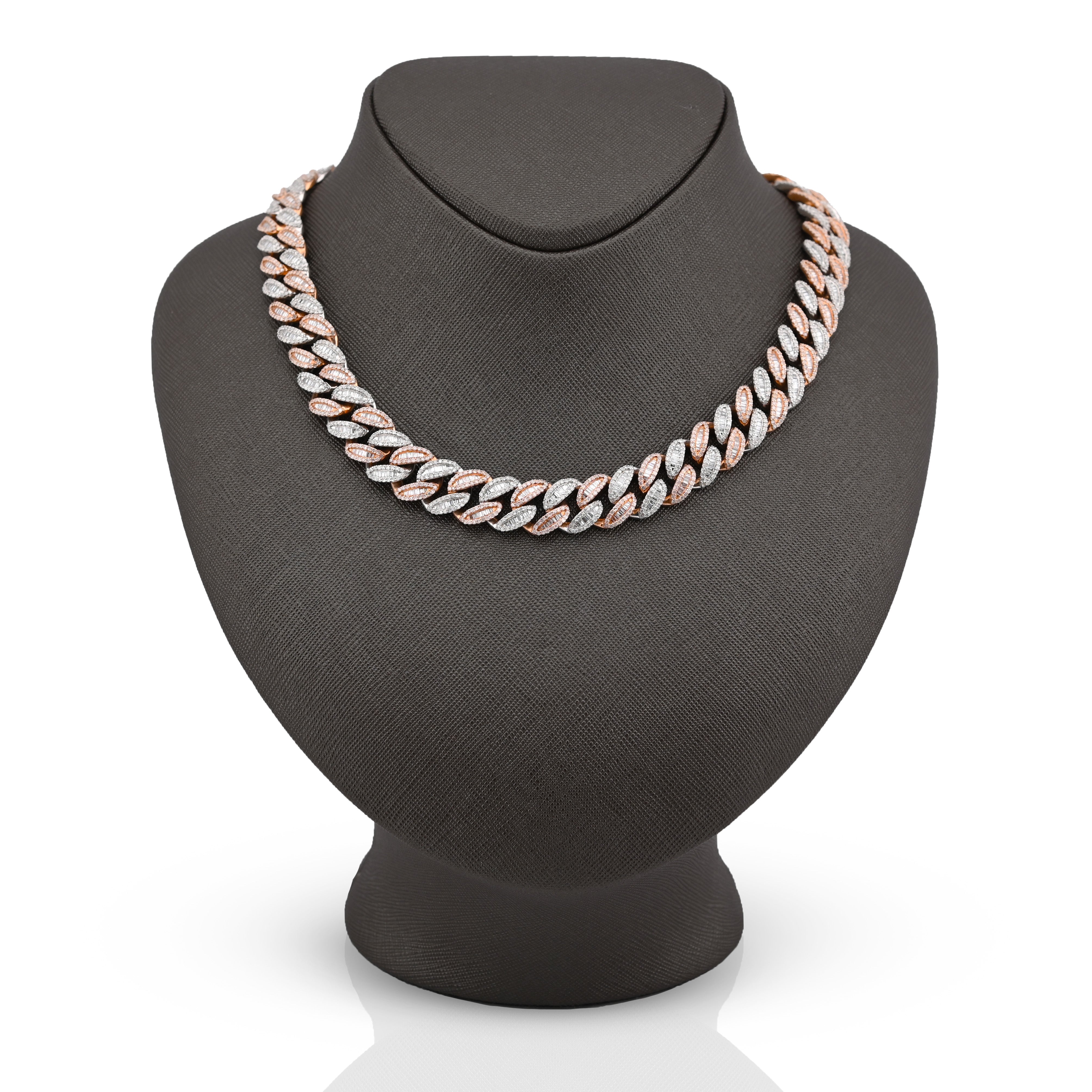 10K Rose/White Gold 17.02CT Baguette 81.9G Natural Diamond 8MM Chain Men Women Necklace