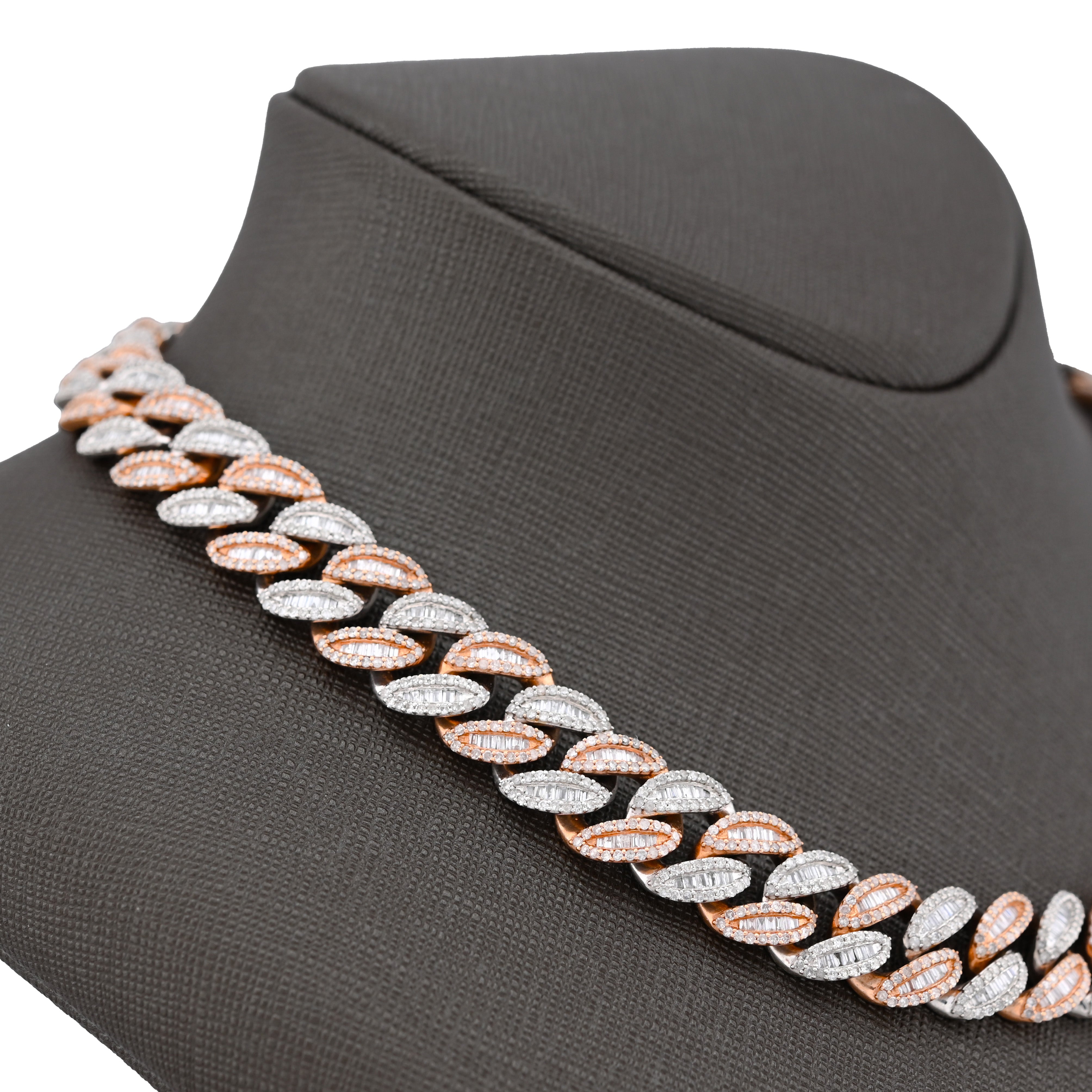 10K Rose/White Gold 17.02CT Baguette 81.9G Natural Diamond 8MM Chain Men Women Necklace