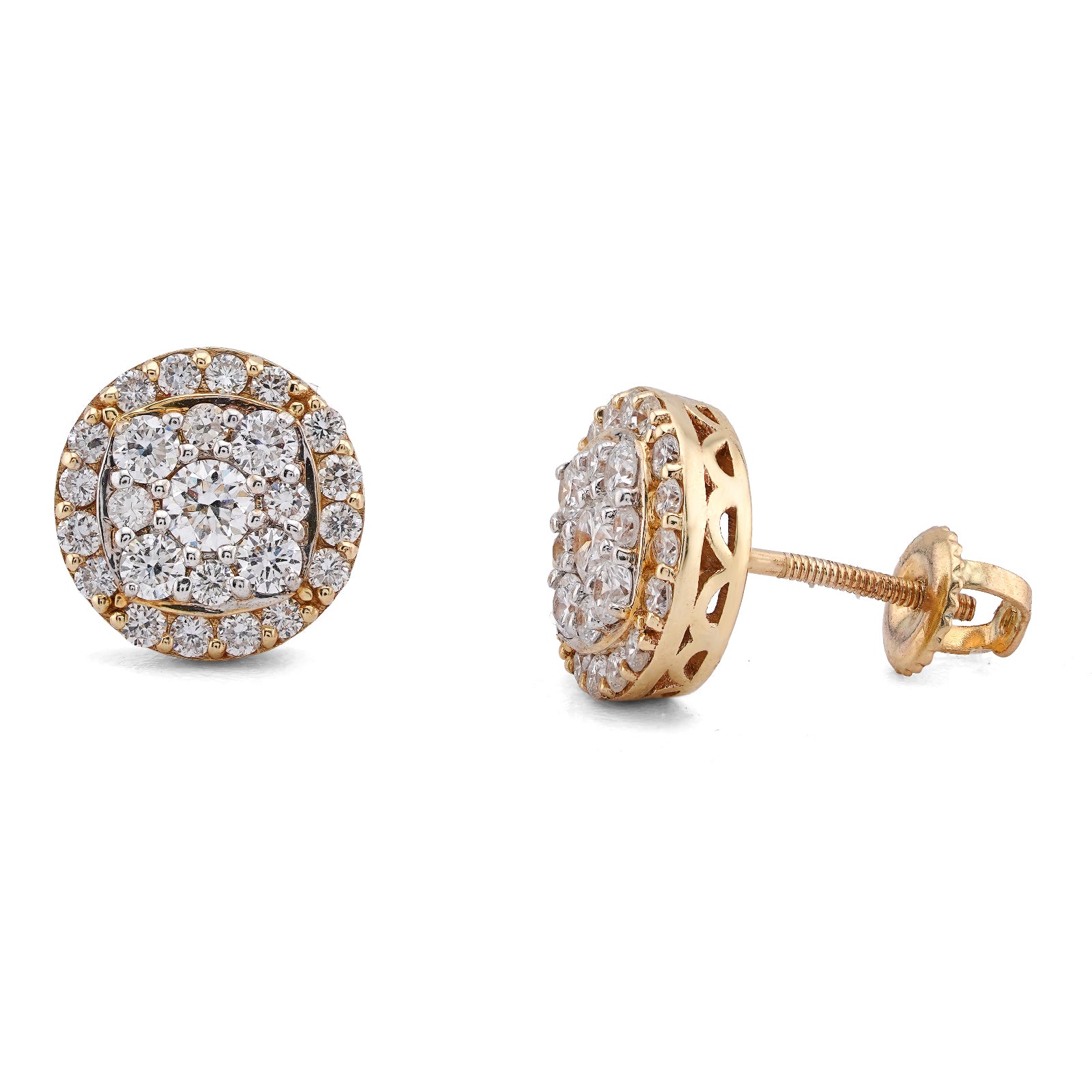 10K yellow Gold 1.10CT Curved Square Centre Flower Cluster Halo Lab Diamond Men Women Earrings