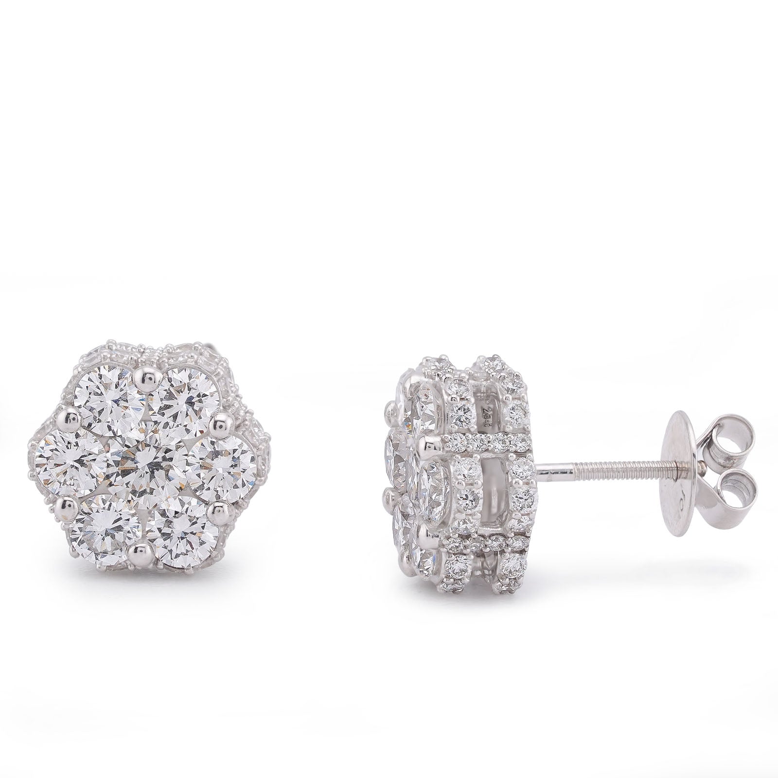 10K White Gold 4.06CT 7 Stone Side Round Lab Diamond Flower Cluster Men Women Earring