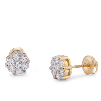 10K Yellow Gold 0.90CT Flower Design Cluster Lab Diamond Men Women Earrings