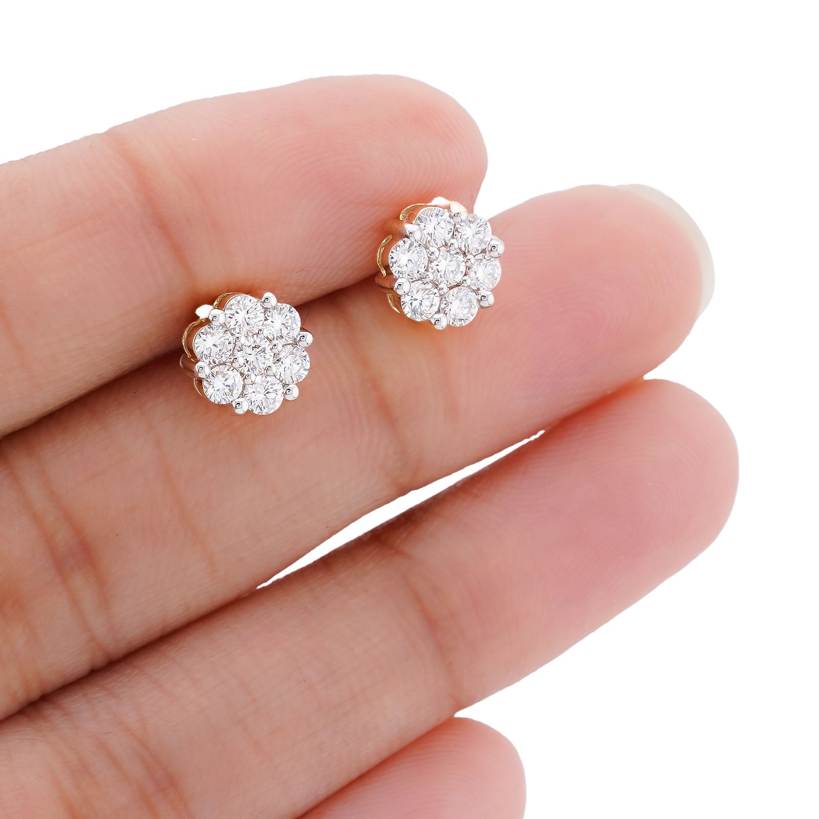 10K Yellow Gold 0.90CT Flower Design Cluster Lab Diamond Men Women Earrings