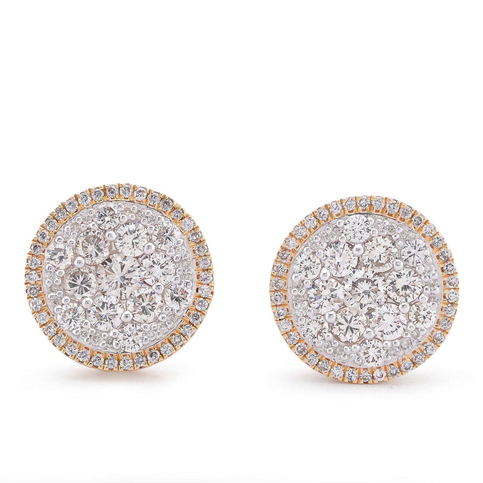 14K Yellow Gold 2CT Halo Flower Cluster Round Shape Natural Diamond Men Women Earrings