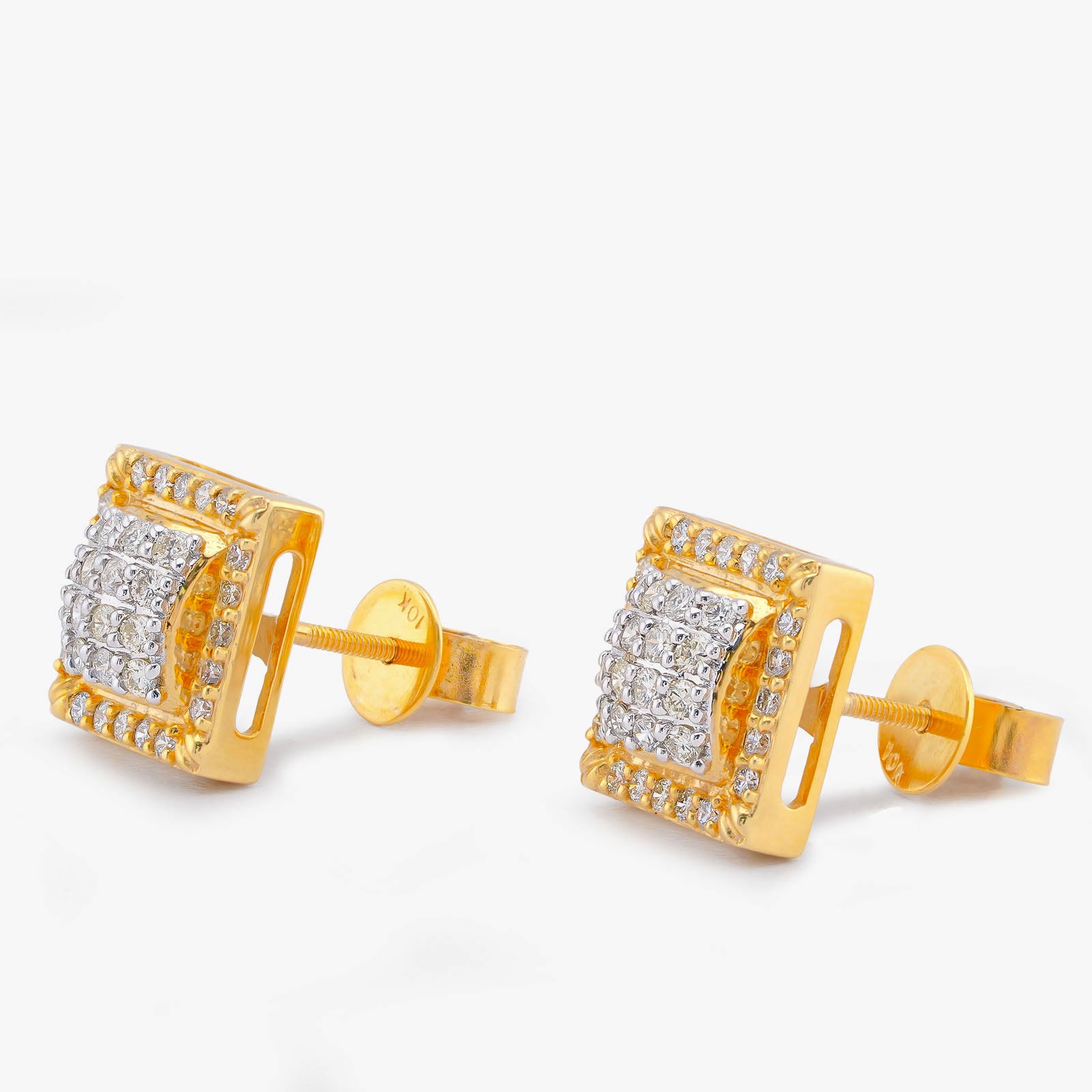 10K Yellow Gold 0.74CT Square Shape Bulge Round top Natural Diamond Men/Women Earrings