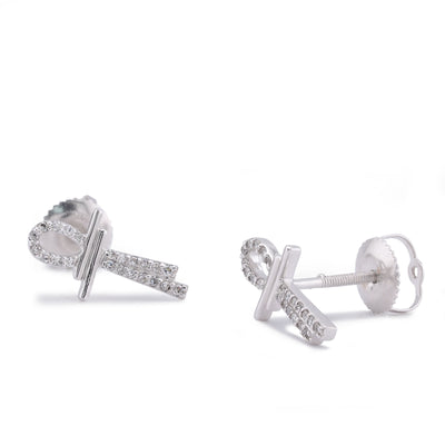 10K White Gold 0.125CT Natural Diamond Ankh Cross Men Women Earrings