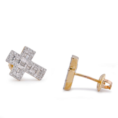 10K Yellow Gold 0.33CT Baguette Cross Natural Diamond Men Women Earring