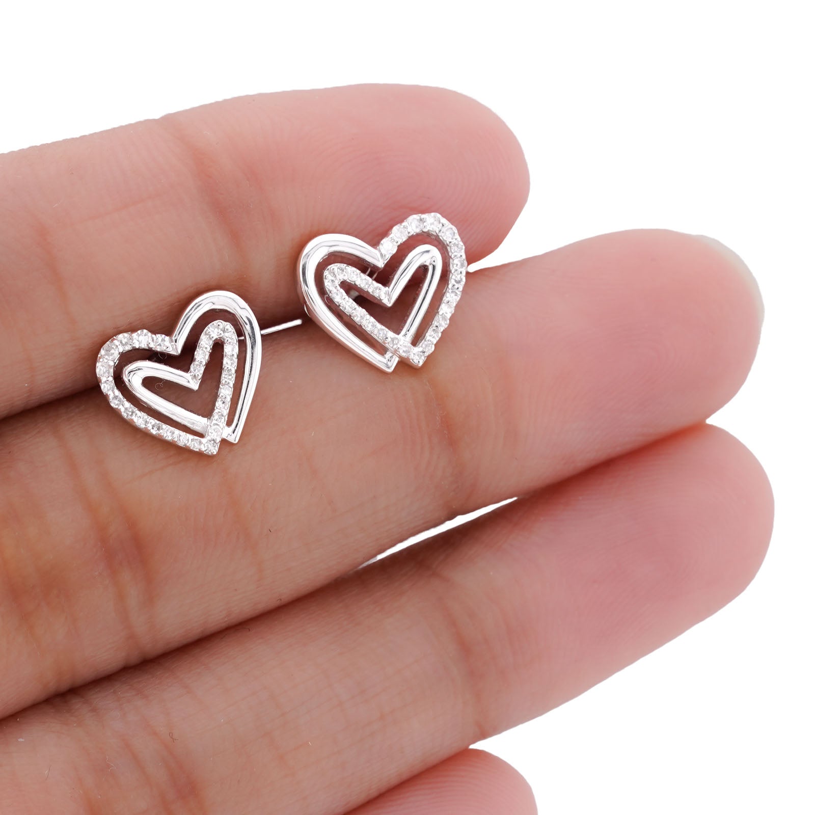 10K White Gold 0.16CT Natureal Diamond Dual Heart SHape Women Earrings
