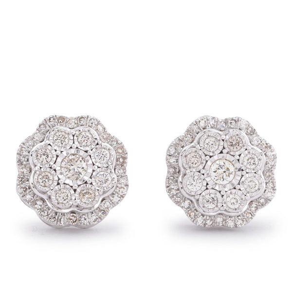 10K White Gold 0.50CT Flower Setting Natural Diamond Men Women Earring Studs