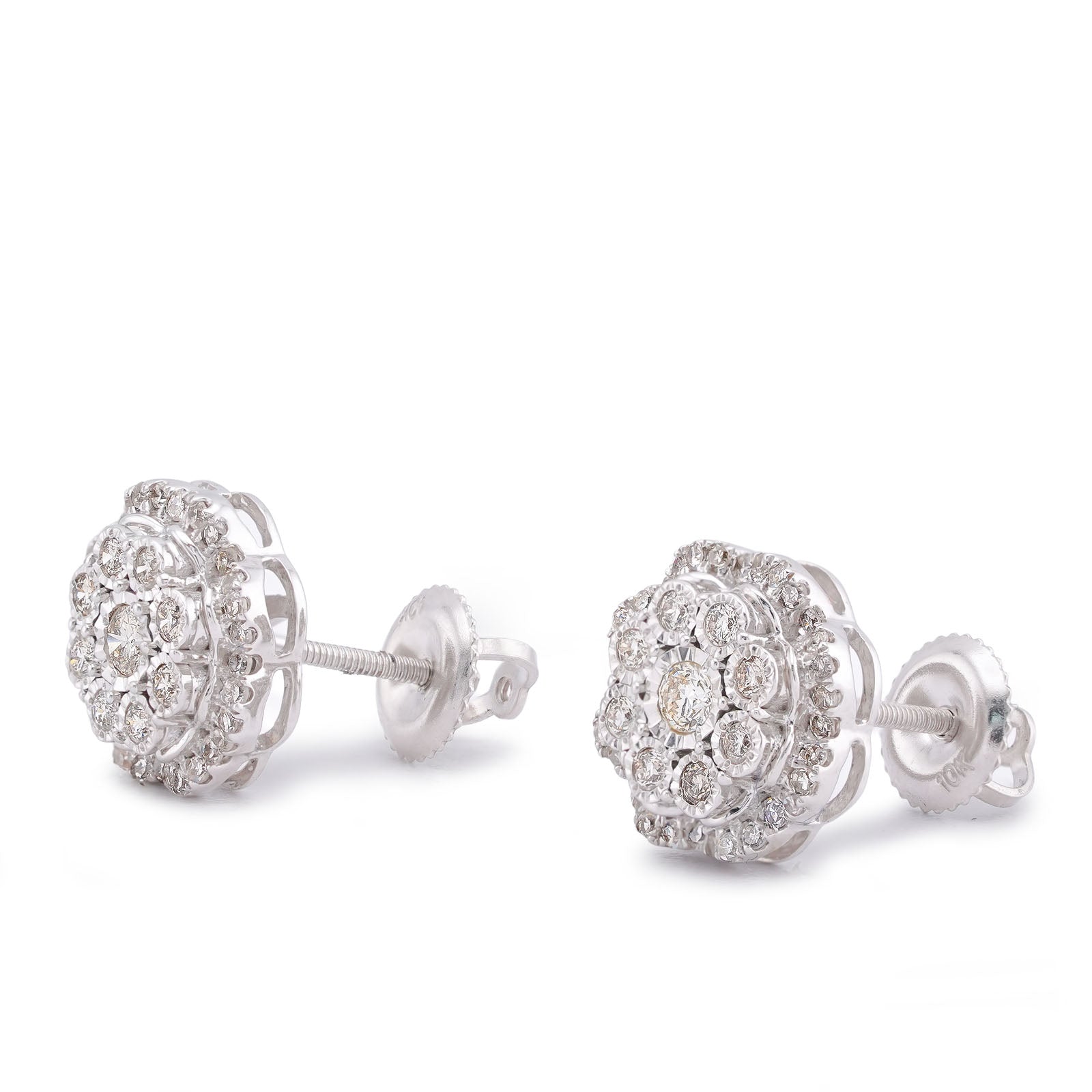 10K White Gold 0.50CT Flower Setting Natural Diamond Men Women Earring Studs