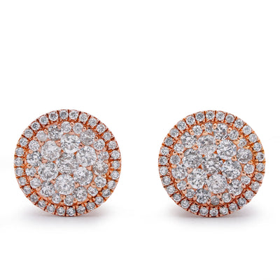 10K Rose Gold Halo Flower Cluster 0.95CT Natural Diamond Men Women Earrings