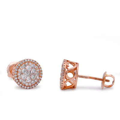 10K Rose Gold Halo Flower Cluster 0.95CT Natural Diamond Men Women Earrings