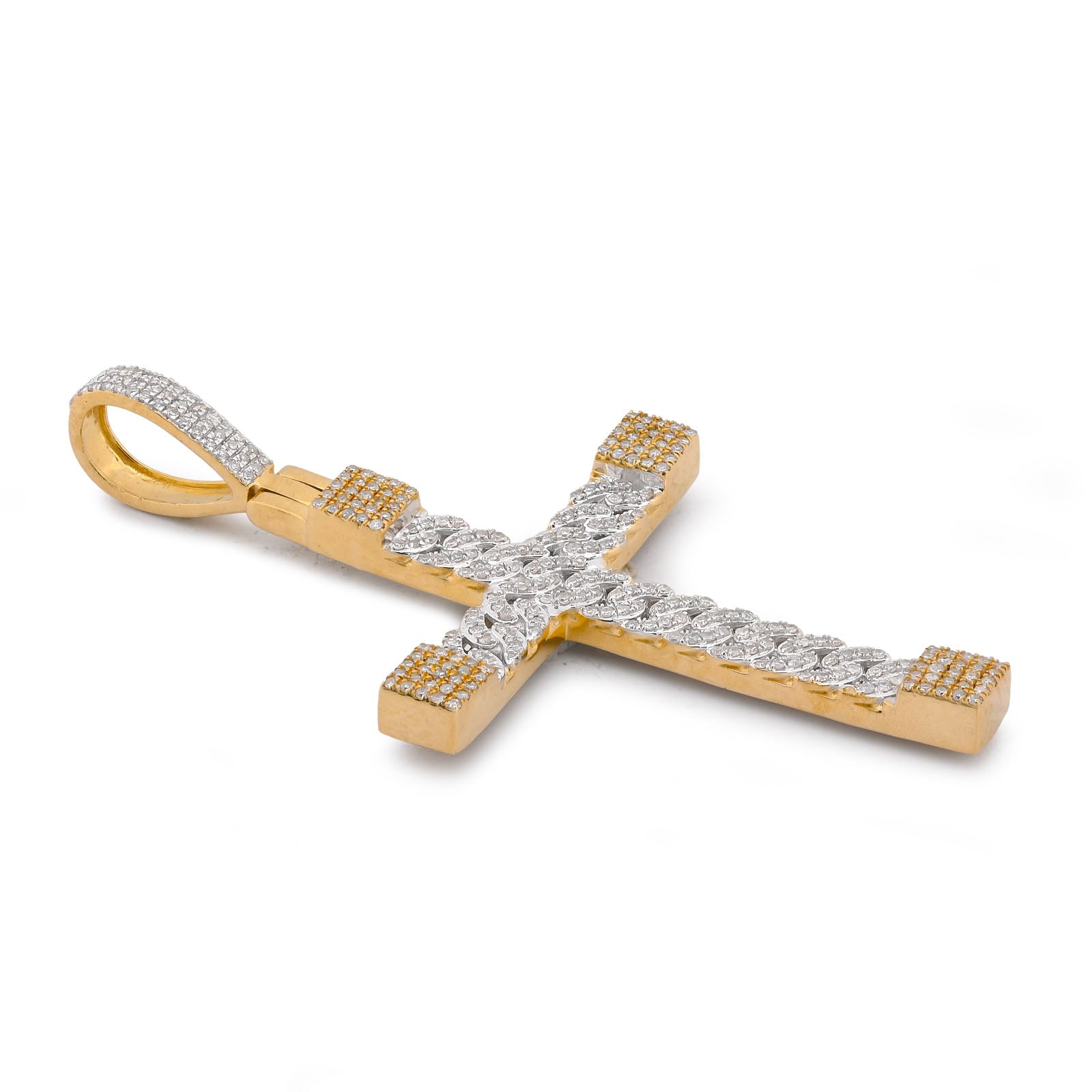 10K Yellow Gold Cuban Link Design Cross Pendant 7/8CT Natural Diamond Men Women Charm