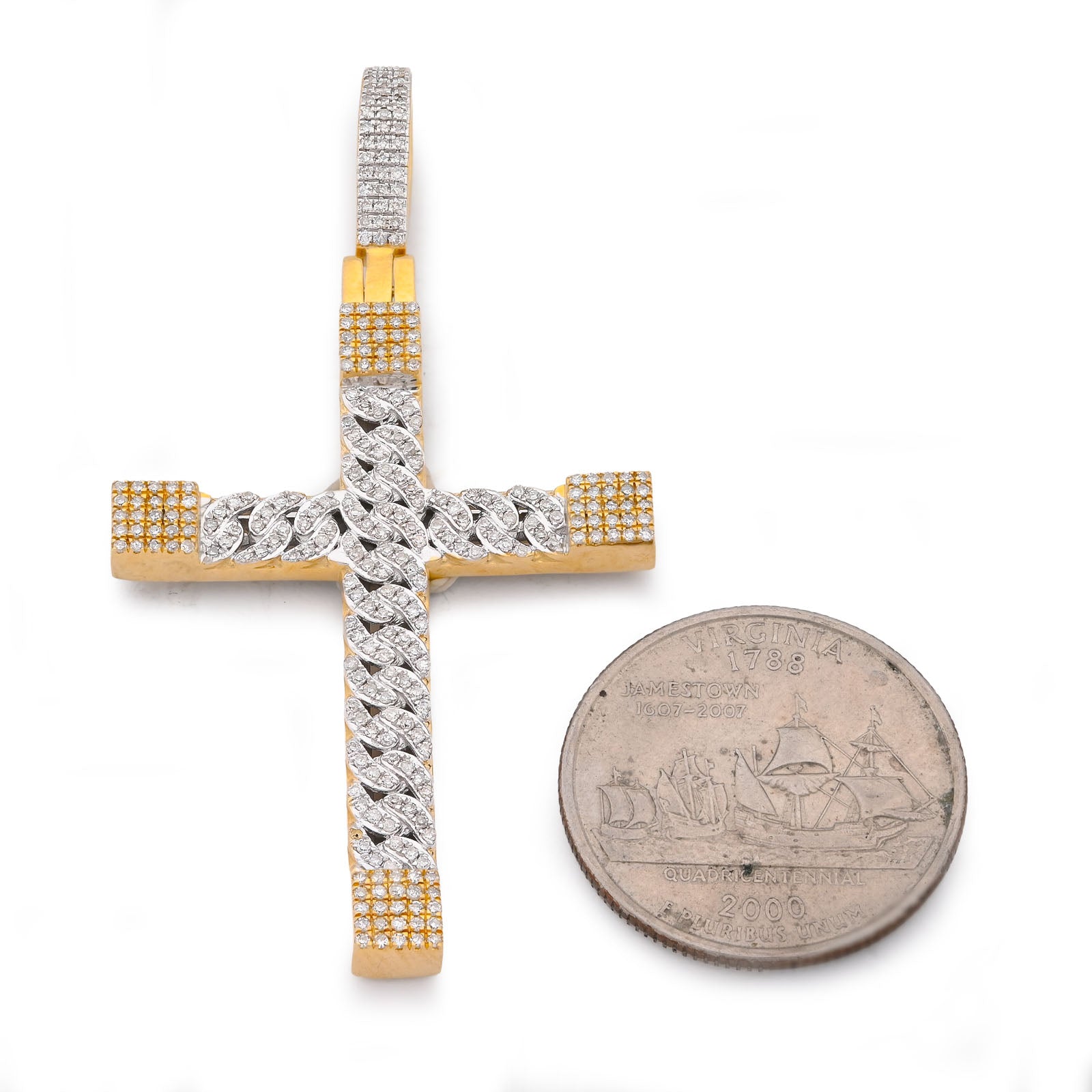 10K Yellow Gold Cuban Link Design Cross Pendant 7/8CT Natural Diamond Men Women Charm