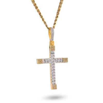 10K Yellow Gold Cuban Link Design Cross Pendant 7/8CT Natural Diamond Men Women Charm