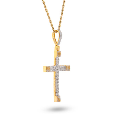 10K Yellow Gold Cuban Link Design Cross Pendant 7/8CT Natural Diamond Men Women Charm