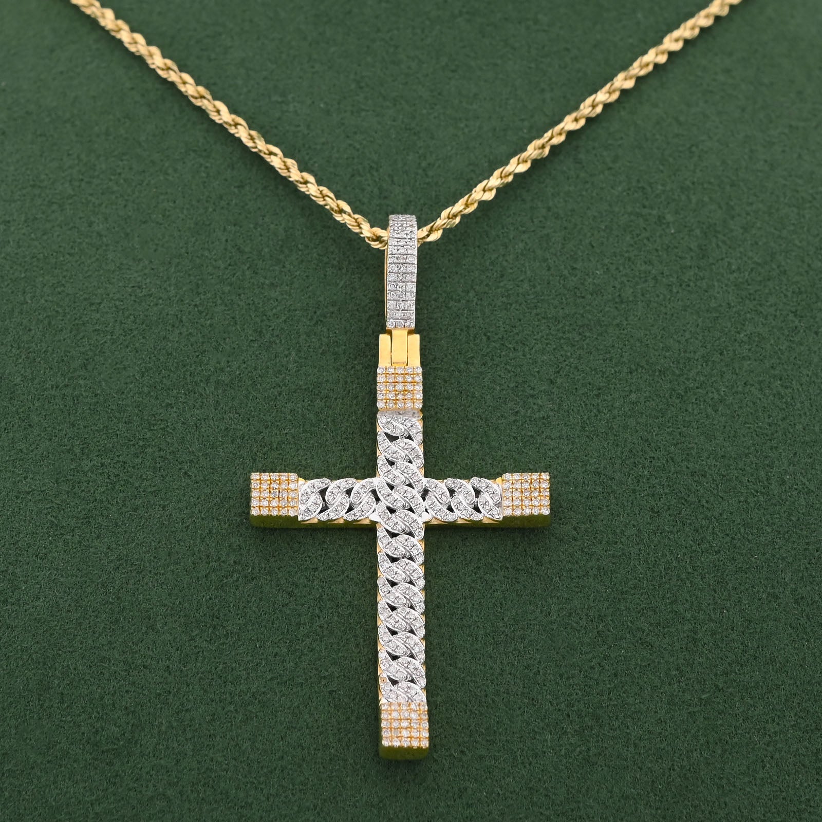 10K Yellow Gold Cuban Link Design Cross Pendant 7/8CT Natural Diamond Men Women Charm
